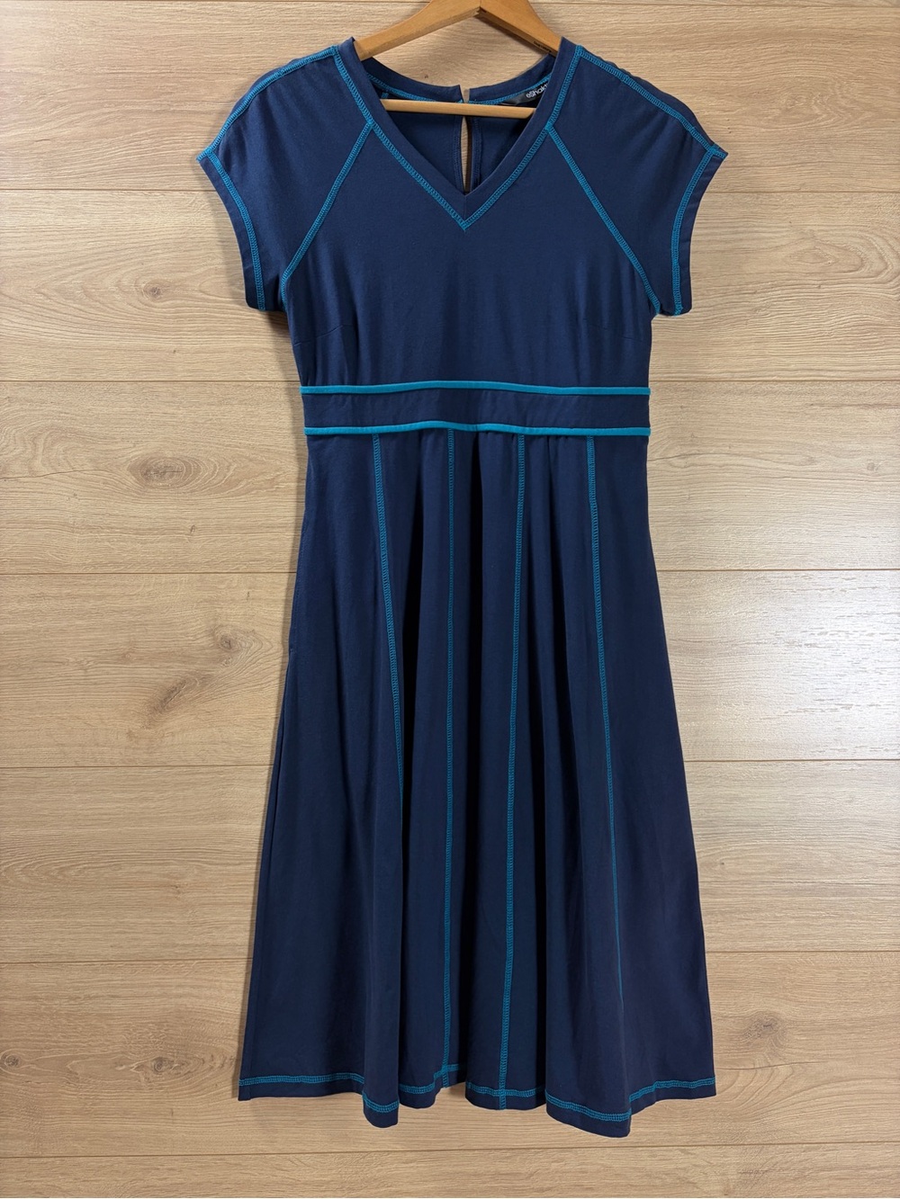 eShakti Navy V-Neck Cap Sleeve Cotton Dress with Teal Stitching 2